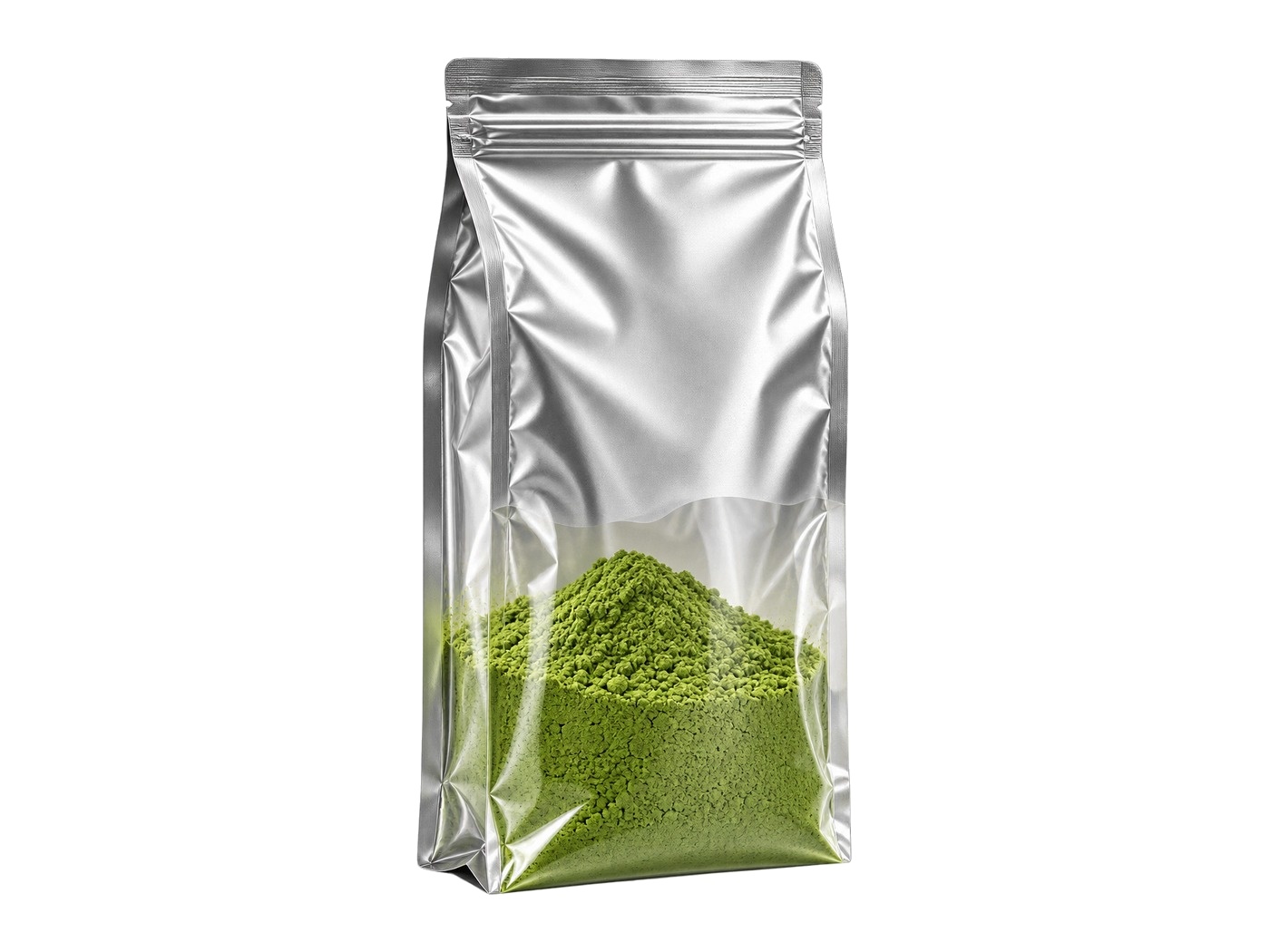 Stand-up pouch with a clear window showing bright green matcha powder, on a white background