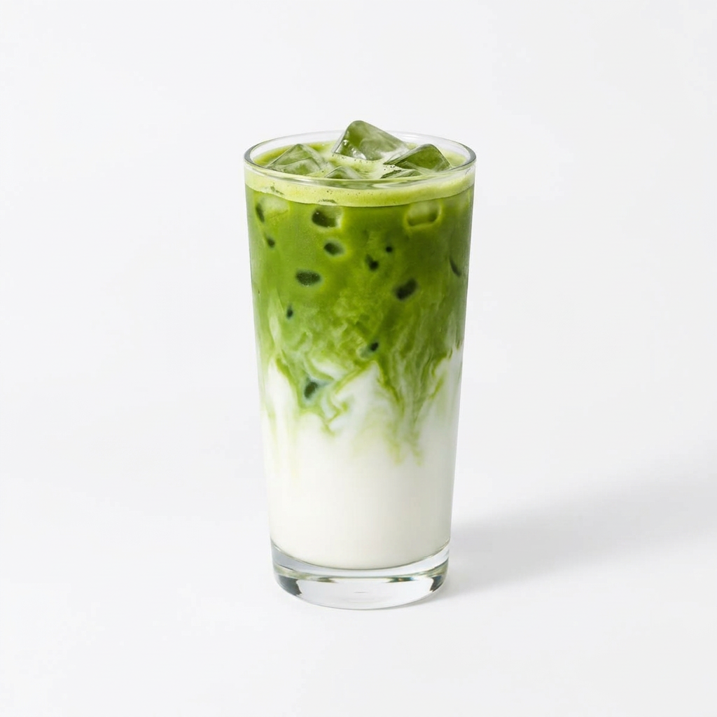 Iced matcha latte in a tall glass