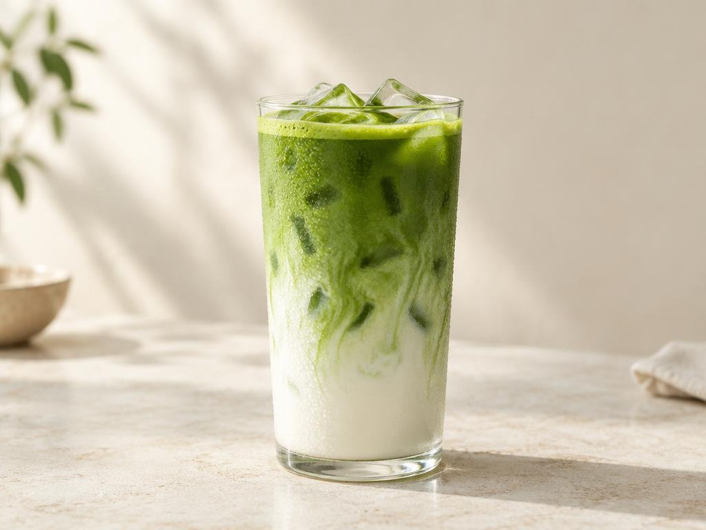 Iced matcha latte in a tall glass on a warm neutral surface
