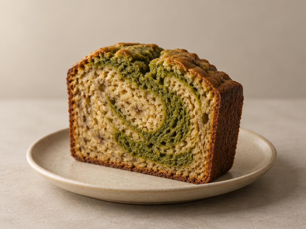 Slice of matcha banana bread with a green matcha swirl on a small ceramic plate