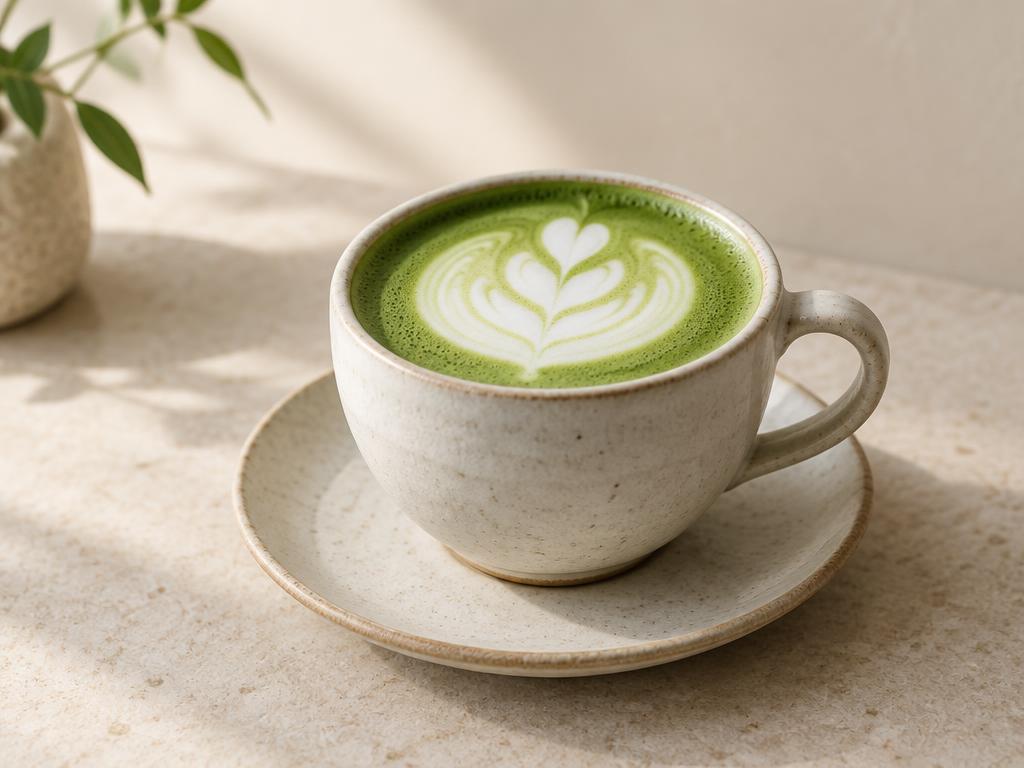 Hot matcha latte in a ceramic cup on a warm neutral surface