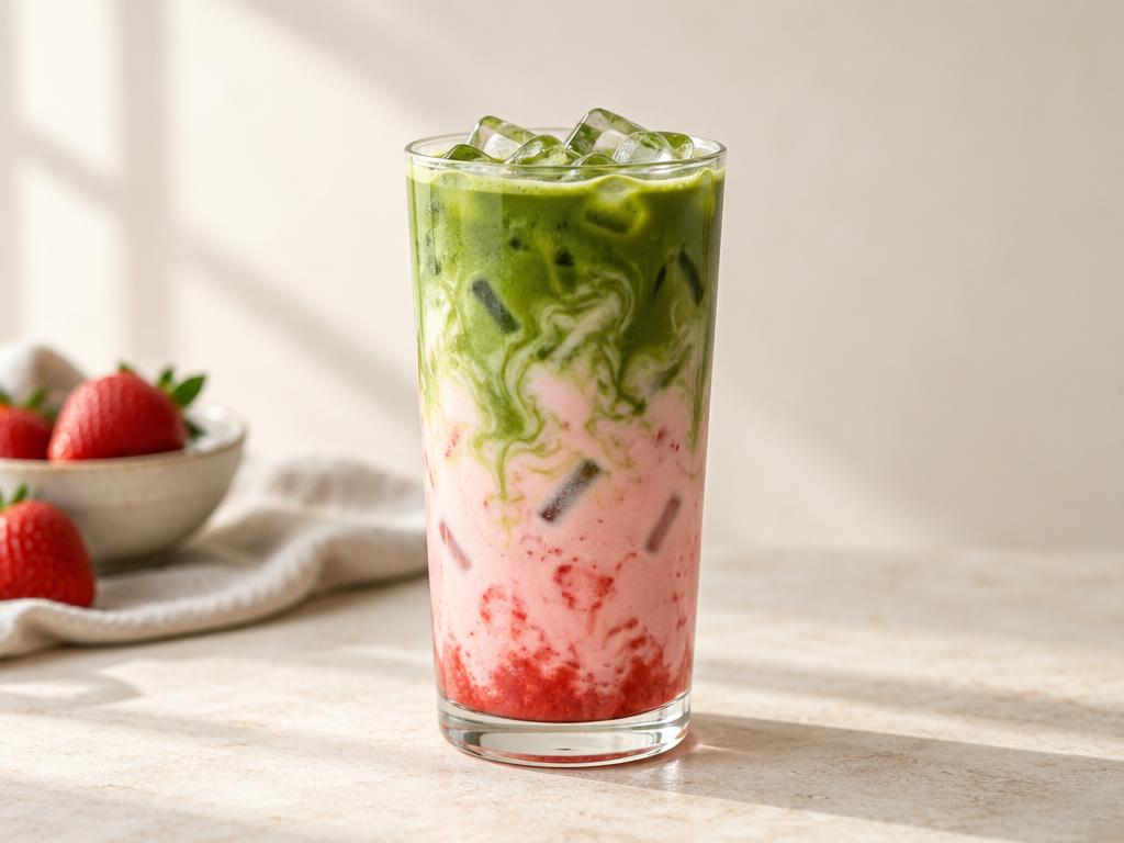 Strawberry matcha latte in a tall glass on a warm neutral surface