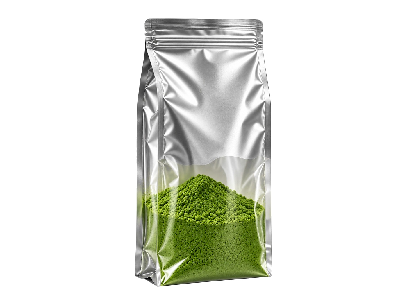 Stand-up pouch with a clear window showing bright green matcha powder, on a white background